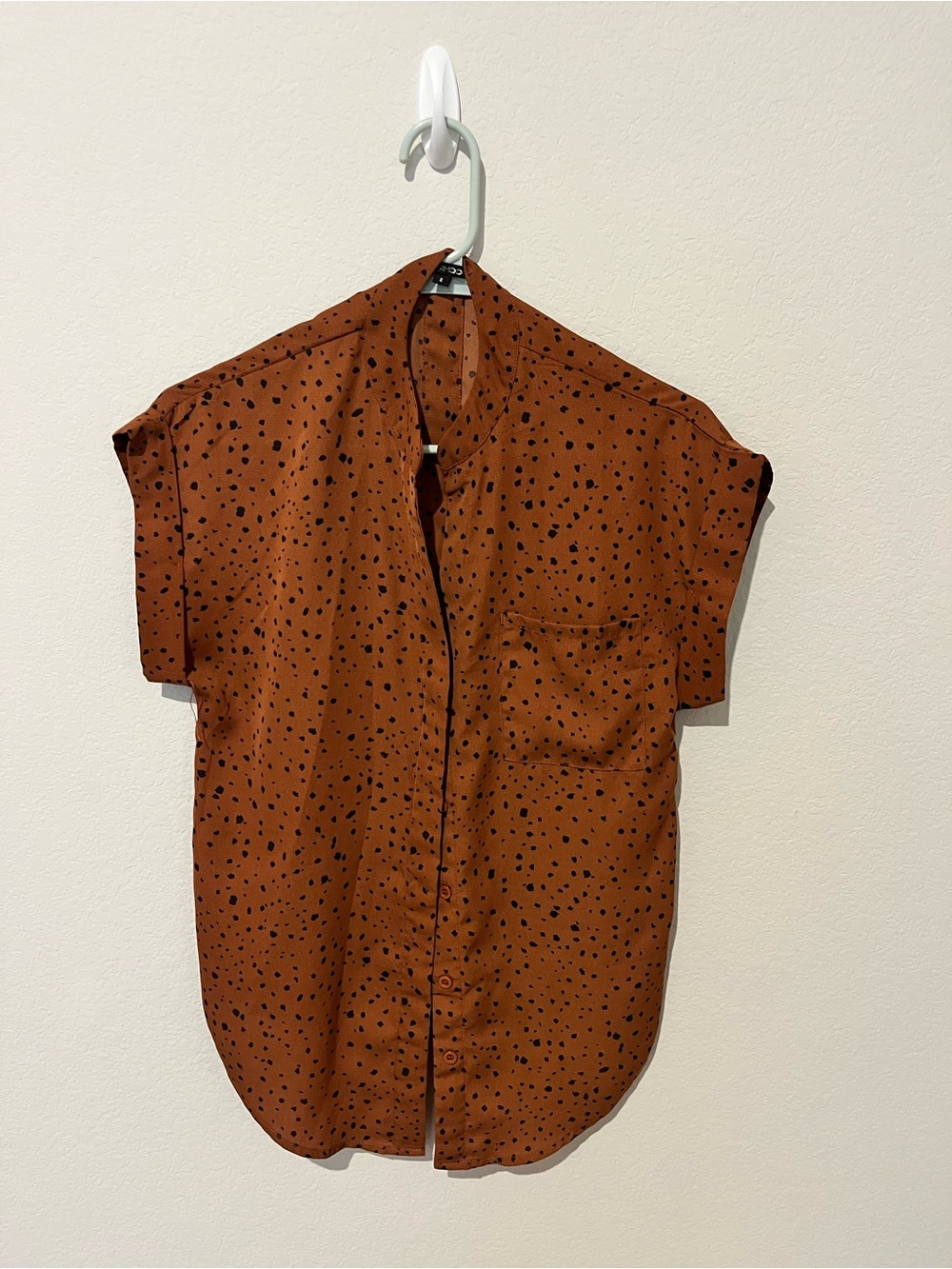 Papermoon Rust Brown Short-Sleeve Button-Down Shirt with Black Dot Print
